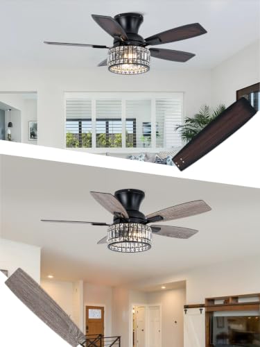 Image of 42 Inch Crystal Ceiling Fan with Lights and Remote Flush Mount | Farmhouse Rustic Fandelier Ceiling Fan, Low Profile Crystal Caged Chandelier for Bedroom Living Room, Reversible DC Motor