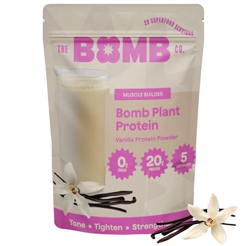 The Bomb Co. Bomb Plant Protein, Protein Powder with 20g Protein, Amino Acids, Zero Sugar, Pea Protein, Chia Seeds, Pumpkin Seeds, Vanilla & Monk Fruit, Gluten Free, Vanilla Flavor, 20 Srvgs