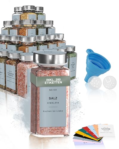 MS. EMMA Set di barattoli per spezie, 24 eleganti barattoli per spezie (120 ml) con etichette per spezie in 10 colori, spargispezie con inserti e imbuto Contenitore per spezie (grigio cemento)