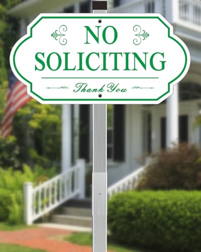 Image of Heavy Duty No Soliciting Sign for House - All Metal Construction No Soliciting Yard Sign - 14 inch x 7 inch - Aluminum - with 28 inch Long Stake (GREEN and WHITE)