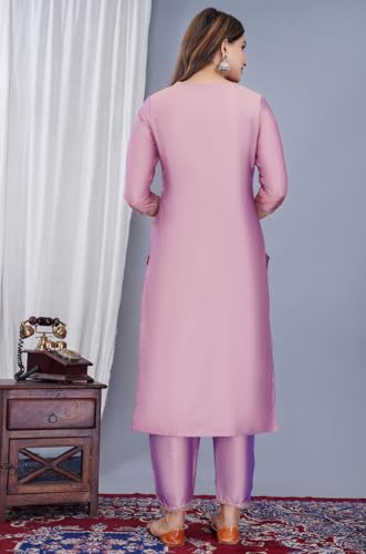 Image of Women's Silk Embroidered Kurta with Pant and Dupatta Set, Straight Style