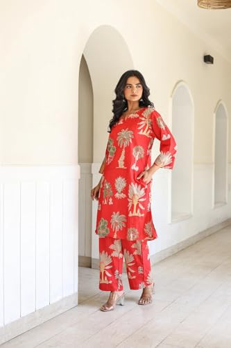 Kurta imprimé viscose femme rouge avec son pantalon fluide en taille XL