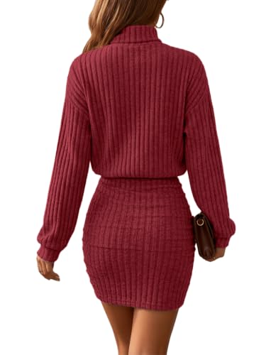 Saodimallsu Damen Strickkleider Minikleid Langarm Rollkragen Dunkelrot S – Ansicht 5