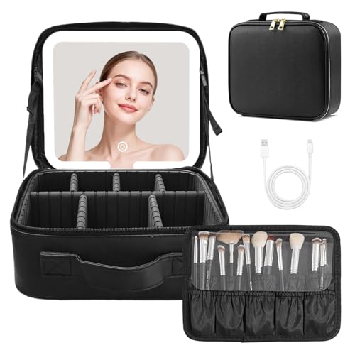 Reise Kosmetiktasche mit LED-beleuchtetem Spiegel, Einstellbare Helligkeit in 3 Farben, Reise-Schminktasche Tasche Damen, Aufbewahrungstasche mit Trennwänden Pinselhalter-Tasche Schminkkoffer