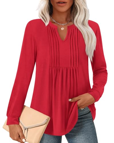 Anyally Women Fall Long Sleeve Tunic Tops Dressy Casual Blouses Pleated Shirts for Leggings, M Red