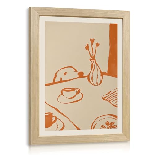 Msziryn Wood Framed Minimalist Coffee Wall Art, Brown Line Drawing Kitchen Wall Decor, Scandinavian Still Life Poster Print, Modern Coffee Dog Artwork for Dining Room Office Wood Framed 8x10 Inch