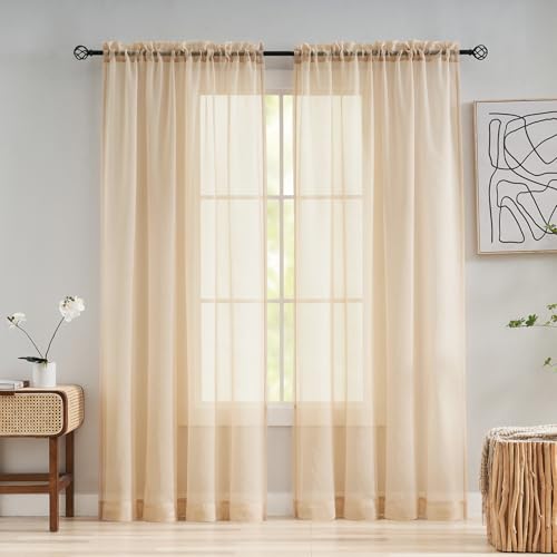 Image of MYSTIC-HOME Taupe Sheer Curtains 84 Inches Long, Rod Pocket Sheer Drapes for Living Room, Bedroom, 2 Panels, 52 inchx84 inch, Semi Crinkle Voile Window Treatments for Yard, Patio, Villa, Parlor
