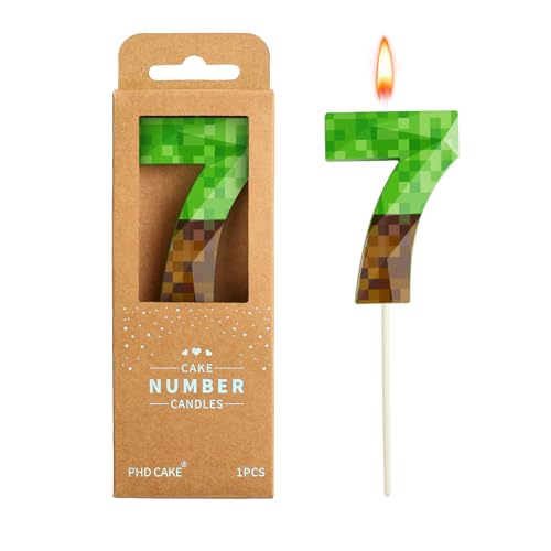 PHD CAKE 2.76 Inch Number 7 Pixel Birthday Candles Crystal Green Miner Number Candles Cake Number Candles Party Celebration Style Candle