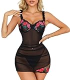 Crexomi Mesh Lace Floral Embroidered Sheer Underwire Lingerie Dress for Women Sexy Nightie Chemise Babydoll Black, M