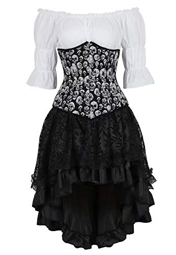 Josamogre Korsett Corsagenkleid Corsage Kleid elegant Kostüm Underbust Spitzenrock und Bluse für Karneval 3 teiliges Set Schwarz 3XL