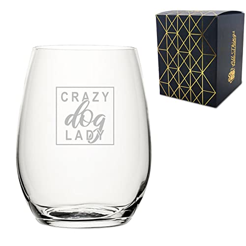 Engraved Novelty Stemless Wine Glass with Crazy Dog Lady Design, Laser Engraved, Gift Box Included, Dog Lover Gift, Funny Dog Gift, Add an Optional Personalised Message