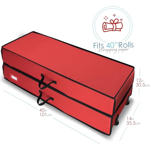 Image of Hearth & Harbor Wrapping Paper Storage Container with Ribbon Dispenser and Interior Pockets - Large Christmas Storage Containers with Wheels, Fits 30 Rolls of 40 inch Length, Red