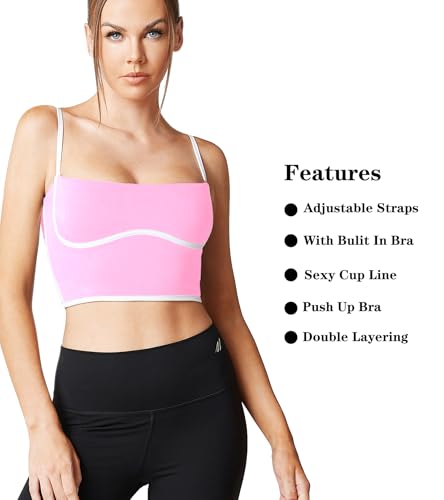 Image of Sleeveless Spaghetti Strap Padded Sports Bra Tank Tops Square Neck Double Layer Workout Fitness Basic Crop Tops