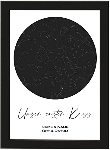Deqosy Personalisierte Sternenkarte, Sternenhimmel Poster - Die persönliche Sternenkarte vom Wunschdatum mit Wunschtext, mit oder ohne schwarzen Bilderrahmen