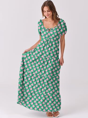Image of ANRABESS Women's Boho Maxi Dresses 2025 Summer Casual Floral Puff Short Sleeve Tie Front Flowy Swing Tiered Long Beach Dress