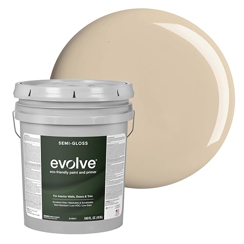 Evolve Interior Paint & Primer, Four Sheens, 1-Gallon & 5-Gallon, Designer Curated Color Palette – One-Coat Coverage, Excellent Hide, Low VOC, Low Odor, Washable Paint for Walls, Ceilings & Trim - Semi-Gloss Sheen (Natural Beige, 5-Gallon (640 fl. Oz.))