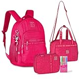 Rebecca Bonbon Kit Escolar, Conjunto com Mochila, Lancheira e Estojo, Acessório Escolar Infantil com Canetas Coloridas, Chaveiro Decorativo, Material Resistente (Rosa)