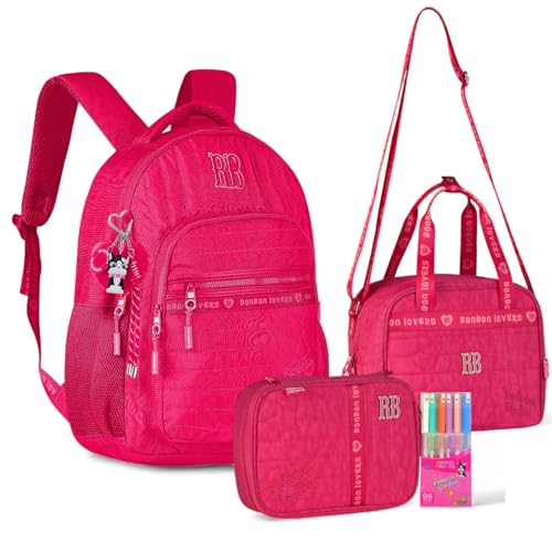 Rebecca Bonbon Kit Escolar, Conjunto com Mochila, Lancheira e Estojo, Acessório Escolar Infantil com Canetas Coloridas, Chaveiro Decorativo, Material Resistente (Rosa)