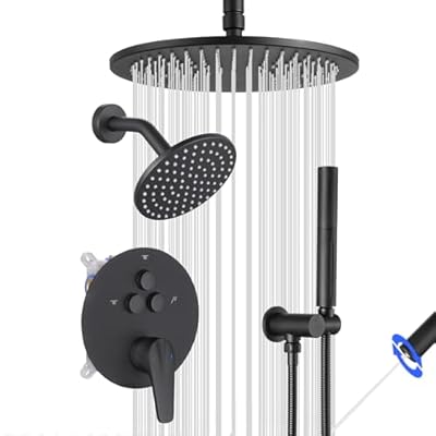SHOYELA Shower System Matte Black, Push Button Diverter Shower Faucet with 2 in 1 Handheld, Ceiling Mount 10 Inch Shower Head with 6 Inch Wall Mount Shower Head