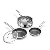 Frying Pans Nonstick Set with Lid,Hybrid Non Stick 5 Quart Saute pan,10 inch Skillet,8 inch Skillet PFOA Free Cookware,Stainless Steel skillet,Deep Braiser,Dishwasher Safe,Works on All Cooktops