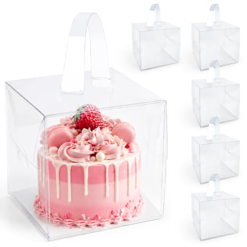 6PCS 6x6x5Inch Clear Cake Boxes - RAINFLOW Mini Clear Gift Box with Portable Carry Handle & Boards Transparent Treat Boxes Hold Cake Donut Pastries Cookies for Wedding Birthday Christmas Party