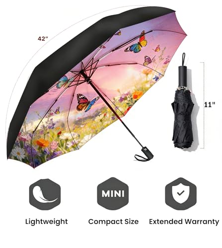 Image of SIEPASA Compact Travel Umbrella - Windproof Auto Open /Close, Small Folding Umbrella for Rain & Sun with UPF50+ - Lightweight Frame, Waterproof - Fits Backpack, Purse, Suitcase.(Garden Butterfly)
