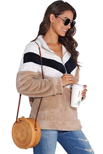 Women Fuzzy Coat Fleece Long Sleeve Zipper Color Block Pullover Sweatshirt Sherpa Jacket Brown M