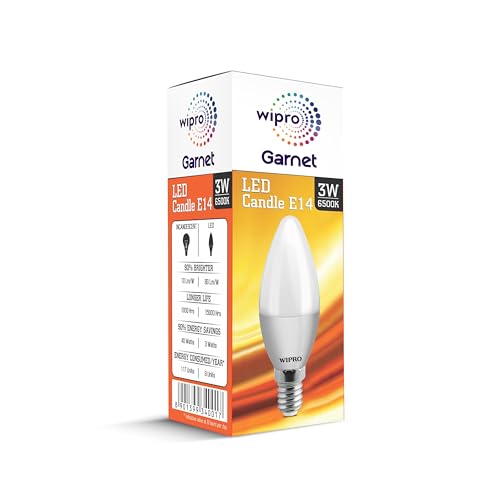 Image of wipro Garnet 3 W E14 Base Frosted Candle LED Bulb | Cool Day White (6500K) | Pack of 1 | Clear optics for sparkling effect | LED Filament Bulb for Home, office, chandellior, decorative lamp shade