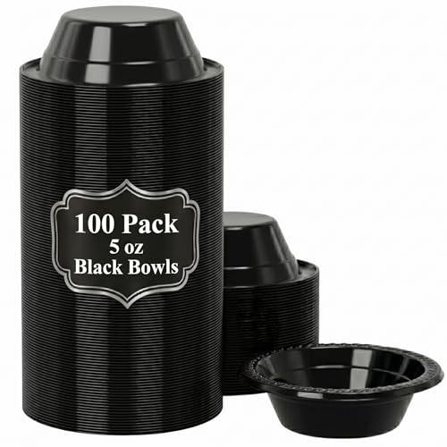 R-kay Black Small Plastic Bowls - 5 OZ 100 Count Microwavable Black Disposable Bowls - Strong Heavy Duty And Sturdy Plastic Bowls Disposable