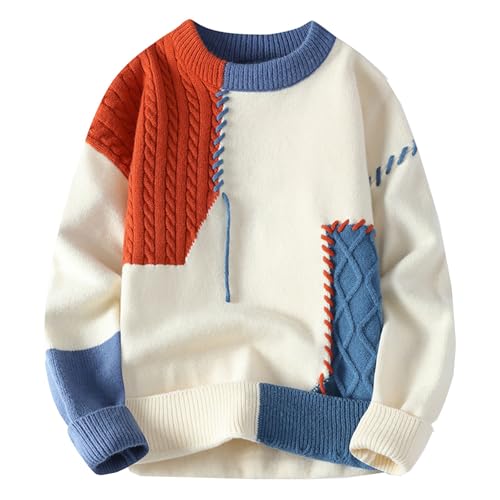Colorblock Stitch Knit Sweater Men Vintage Crewneck Pullover Winter Warm Long Sleeve Knitwear Casual Loose Jumper