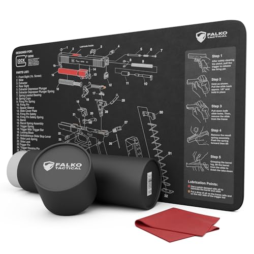 Falko Tactical Gun Cleaning Mat for Glock - Double Thickness Gun Mat - Strip and Lube Diagram, Oil-Resistant - Storage Case Included (20 by 12 Inches) (Black)