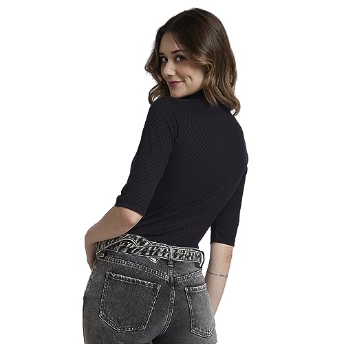 Image of Spykar High Neck 3 /4Th Sleeve Solid Slim Fit T-Shirt for Women