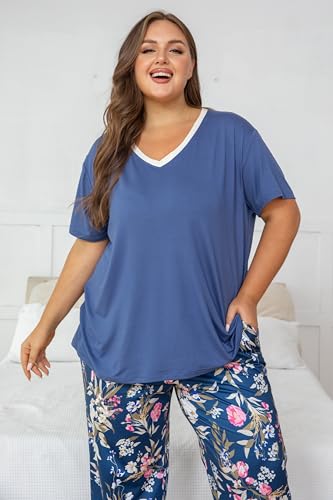Image of Vozanet Women's Pajama Sets Short Sleeve with Long Pant Soft Sleepwear Printed pj Loungewear With TWO Pockets Size 1X to 5X