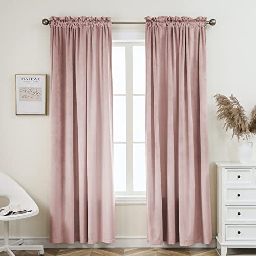 Pleasant Boulevard | Blackout Velvet Curtains 52 by 84 Inch Elegant Interior Room Decoration Large Window Blackout Velvet Drape Curtain, 2 Curtain Panels (52 x 84in Rod Pocket, Dusty Pink)