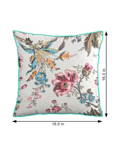 Image of Pure Cotton Quilted Cushion Cover 16x16 Inch | Anokhi Print Decorative Throw Pillow Cover | Soft Cotton Sofa Cushion Cover with Hidden Zipper | Living Room Bedroom Home Decor