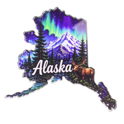Alaska Acrylic State Magnet, Moose and Northern Lights Design, 3 x 2.75 in