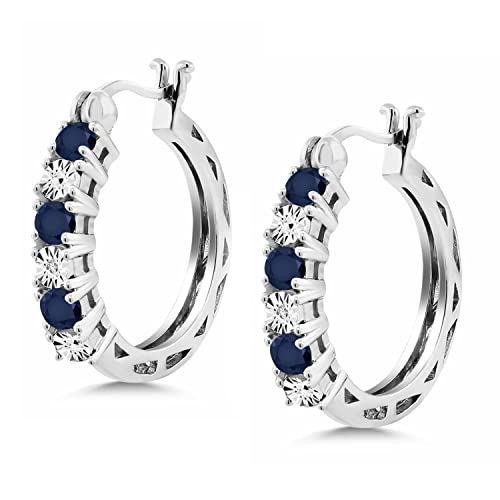 Gem Stone King 925 Sterling Silver Blue Sapphire And White Lab Grown Diamond Accent Hoop Earrings For Women (0.83 Cttw, 22Mm = 0.85 Inches Diameter) #TOP4