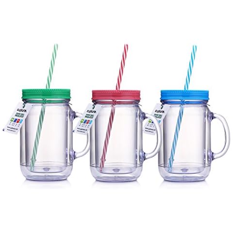 Cupture Double Wall Insulated Plastic Mason Jar Tumbler Mug with Striped Straws - 20 oz, 3 Pack Cover