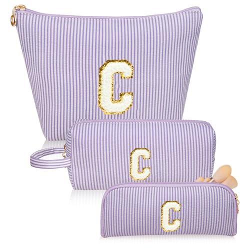 Junesters Personalized Initial Makeup Bag, Embroidered Stripe Travel Cosmetic Case, Large & Small Pouch Set for Women