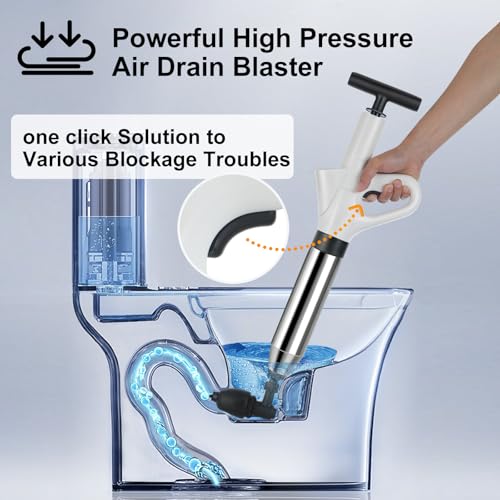 Compressed Air Pipe Cleaner, Drain Cleaner Pump with Air Compression and Air Pressure Indicator, Compressed Air Pipe Cleaner with 4 Suction Cups for Sinks, Toilets, Bathrooms, Showers, Kitchens - Image 2