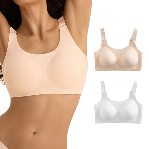 Jelly Bras for Women No Underwire, Full Coverage Seamless Comfortable Bralette with Support and Lift, Wireless Padded Bra U-Neck Jacquard Medium White