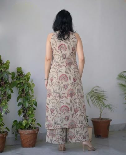 Image of GoSriKi Kurta Set for Women Viscose Printed | Kurti Set for Woman | Kurta Palazzo 2 Piece Outfit | Band Collar Sleeveless Regular Fit Ethnic Dress Stylish Clothing