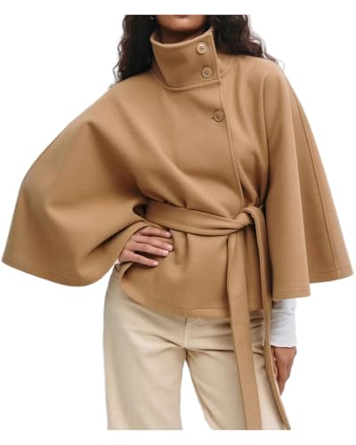 CHARTOU Women Batwing Sleeve Ponchos Pea Coat Wool Stand Collar Belt Capes Jacket Winter Cropped Overcoat