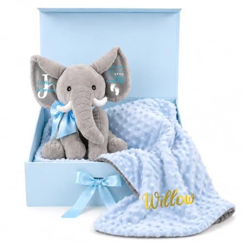 Image of Personalized Baby Blanket with Elephant Set for Baby Boy Gifts | Custom Baby Blanket with Name, Customized Blankets & Elephant Gift Set for Birthday, Flannel Dot Swaddle Gift for Baby Shower