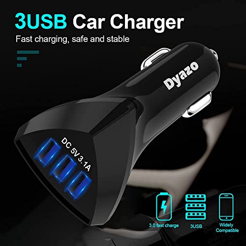 Image of Dyazo USB 2.4 Amp Car Charger Adapter 3 Port Compatible for Cellular Phones, iPhone X /Xr /Xs /Max /8 /7 /Plus, Vivo, Oppo, Galaxy, HTC and All Other Mobile Phones with Free 3 in 1 Cable, Black