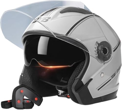DIYANQUAN ジェットヘルメット 自転車 UVカット 防眩 四季通用 メンズ レディース ダブルシールド 耐衝撃性 超軽量 快適 洗える裏地 風防 防虫ネット 頭囲56-62cm 自転車用ヘルメット (ライトグレー)
