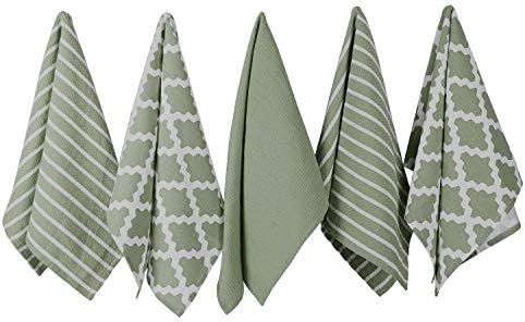 Penguin Home® – 100% Cotton Tea Towel Set of 5 – Soft – Durable – Stylish Sage Design with Multiple Patterns – Machine Washable – 65 x 45cm