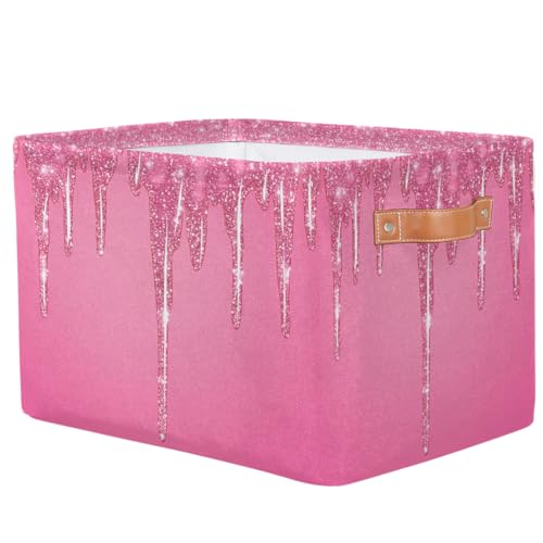 Image of Pink Sparkly Storage Baskets for Organizing, Fabric Collapsible Storage Bins Box Pink Glitter Decorative Toy Organizer Baskets for Closet Shelves Gift Basket 1 Pc