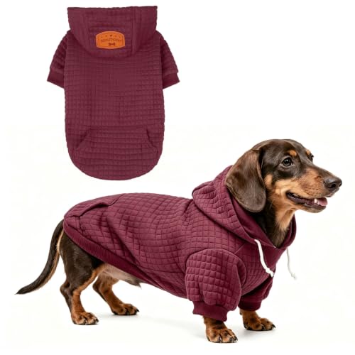 Image of BEAUTYZOO Warm Winter Dog Hoodie with Pocket & Leash Hole, Soft Waffle Cotton Sweater for Large Breed Dachshund Dogs Boys Girls, Indoor Outdoor Cold Weather,Wine Red L