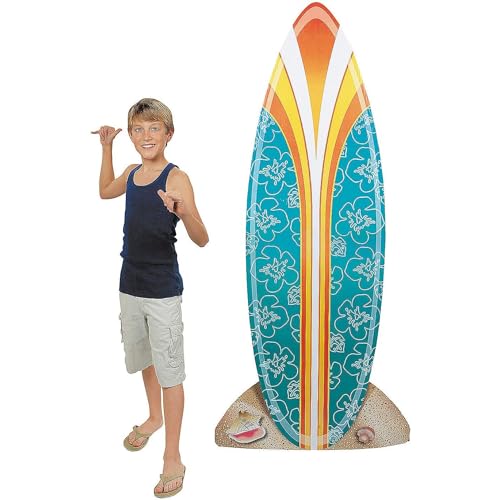 Fun Express 6 Ft. Orange & Blue Flower Pattern Surfboard Cardboard Cutout Stand-Up - Great for Beach, Luau and Tiki Themed Birthdays, Office Parties and Grand Events